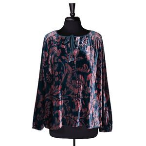 Anthropologie Women's Blouse Teal Peach Floral Velvet Oversized Tie Front Top L